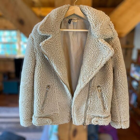H&M Divided Teddy Sherpa Longline Moto Jacket - Picture 7 of 10